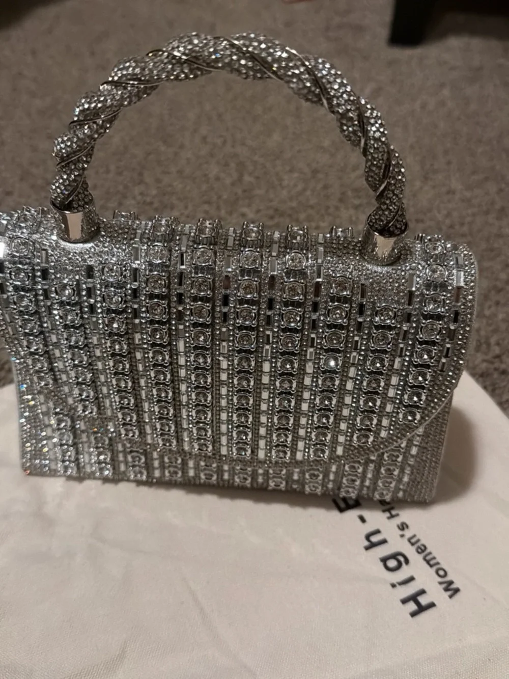 Silver Crystal-Embellished Evening Top-Handle Bag